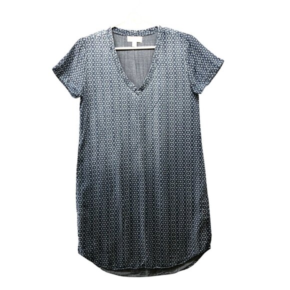 Cloth & Stone Chambray Shift Dress XS V-Neck Printed Blue Lyocell Short Sleeve - Picture 1 of 10